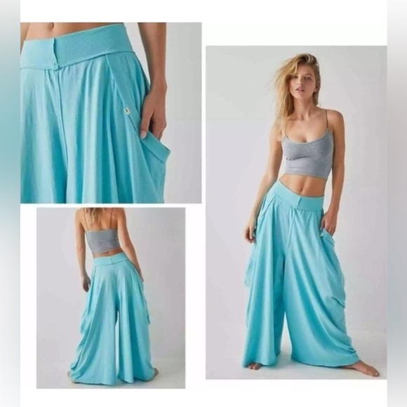 Free People Aqua Blue Summer Slumbers Wide Leg Harem Pants Small NEW NWOT - Picture 2 of 6
